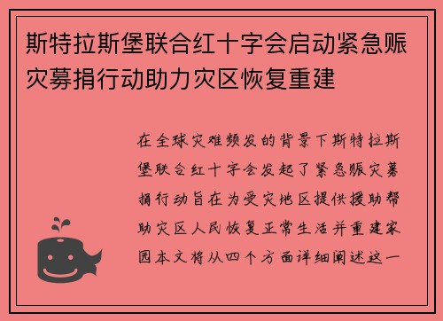 斯特拉斯堡联合红十字会启动紧急赈灾募捐行动助力灾区恢复重建