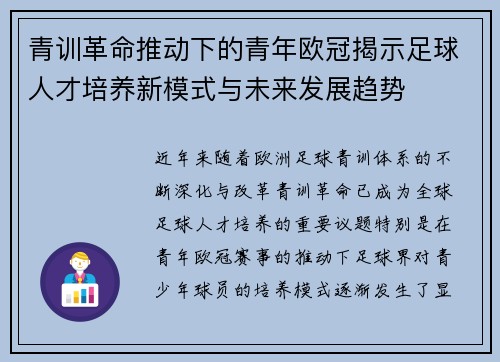 青训革命推动下的青年欧冠揭示足球人才培养新模式与未来发展趋势
