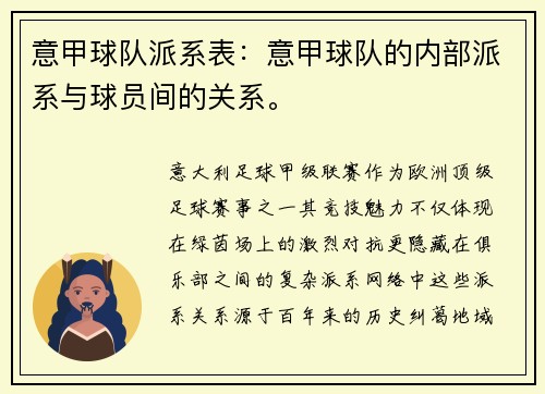 意甲球队派系表：意甲球队的内部派系与球员间的关系。